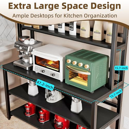 Aquzee Large Bakers Rack for Kitchens, 47in Wide (47.2“W x 15.7”D x 70.8" H) 6 Tiers Kitchen Stand with Hutch & Storage, Black Freestanding Tall Bakers Racks Organizer with Shelves - color: Black