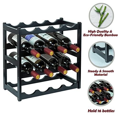 Bamboo Wine Rack, Sturdy and Durable Wine Storage Cabinet Shelf, Wine Racks Countertop for Pantry - 4 Tiers 16 Bottle Wine Rack Black - color: 4 Tier Black