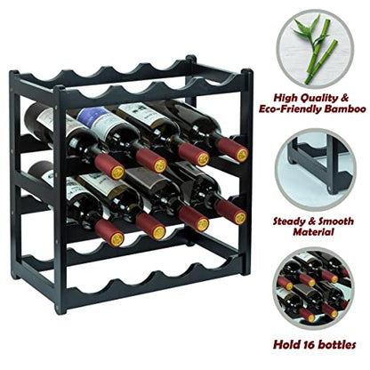 Bamboo Wine Rack, Sturdy and Durable Wine Storage Cabinet Shelf, Wine Racks Countertop for Pantry - 4 Tiers 16 Bottle Wine Rack Black - color: 4 Tier Black