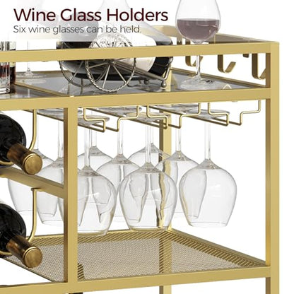 MAHANCRIS Bar Cart for Home, 3-Tier Serving Cart with Wheels and Handle, Beverage Cart with Wine Rack and Glass Holders, Rolling Wine Cart for Kitchen, Dining Room, Gold RCGD81B01 - size: 31.7''L x 15.7''W x 34.6''H