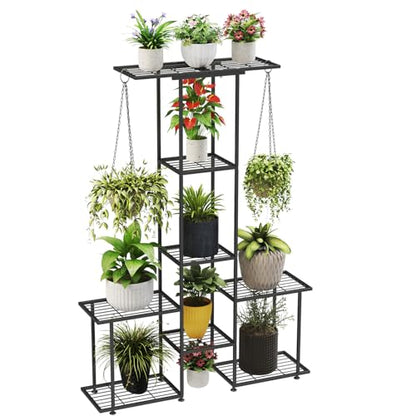 Plant Stand Indoor Outdoor, Metal 6 Tier Tall Hanging Plant Shelf for Multiple Flower Planter Large Heavy Duty Ladder Plant Holder for Garden, Black (y-201) - size: y-201