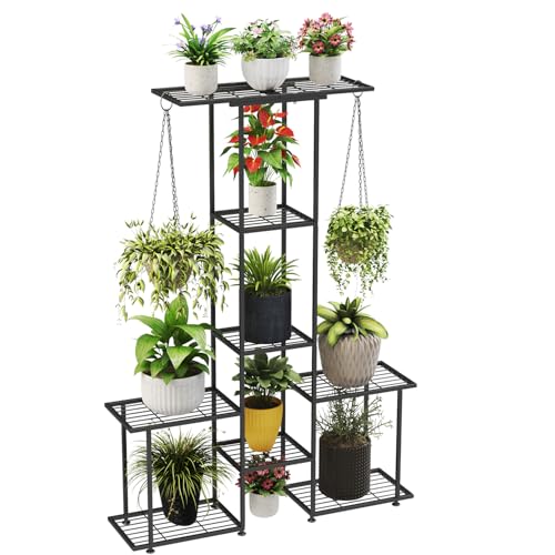 Plant Stand Indoor Outdoor, Metal 6 Tier Tall Hanging Plant Shelf for Multiple Flower Planter Large Heavy Duty Ladder Plant Holder for Garden, Black (y-201) - size: y-201