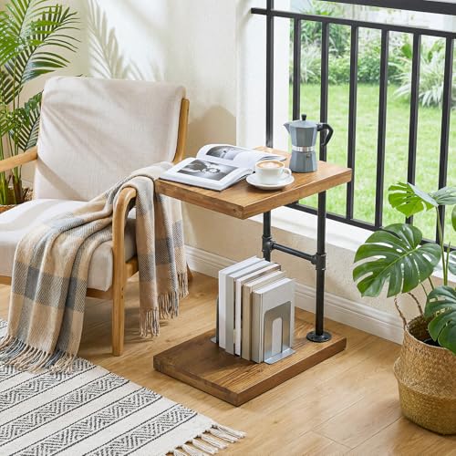 C Shaped Solid Wood Nightstand, Narrow Bedside Table with Shelf for Small Bedroom, Industrial Rustic Bed Side Table for Low Beds, Laptop Desk for Bed, Black Metal Frame (2, Brown)