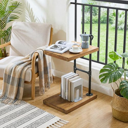C Shaped Solid Wood Nightstand, Narrow Bedside Table with Shelf for Small Bedroom, Industrial Rustic Bed Side Table for Low Beds, Laptop Desk for Bed, Black Metal Frame (2, Brown)