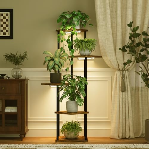 Bamworld Tall Plant Stand Indoor with Grow Light Corner Plant Stand for Indoor Plants 5 Tier Metal Wood Plant Shelf with Grow Lights for Living Room Bedroom Patio Garden Balcony Decor - color: Brown Oak plus, size: 5 Tier