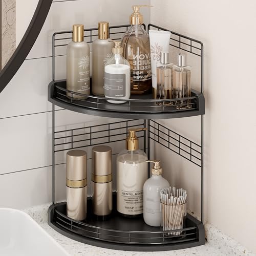 Bathroom Countertop Corner Organizer for Small Spaces, 2-Tier Counter Shelf | Oak Wood & Iron, Fan-Shaped Counter Shelf for Sink & Vanity Corners, Skincare, Toiletries, Compact Vertical Storage, Black - color: Black