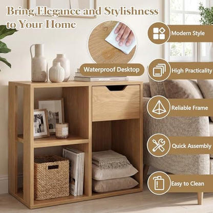 Giantex 3 Cube Bookcase with Drawer, 2 Tier Bookshelf for Small Space, Modern Freestanding Display Rack with Open Shelves, Natural Book Case, Wood Cube Storage Organizer Bedroom Living Room, 2 Pack - color: Natural