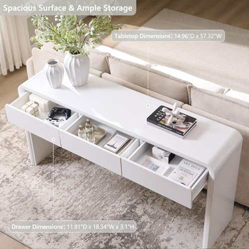 Aitjunz 63'' Console Table with 3 Drawers, Modern Entryway Table with Curved Profile Design, Narrow Long Wood Sofa Table Behind Couch Table for Living Room, Hallway, Foyer, White - color: White