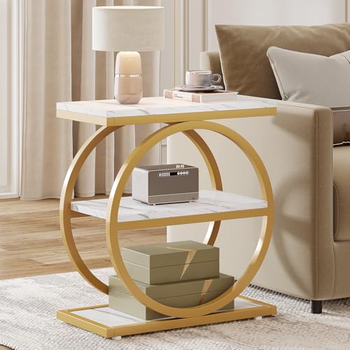 Tribesigns End Table with Storage Shelves, 3-Tier Wooden Industrial Sofa Side Table with Black Metal Frames for Living Room, Slim Nightstand and Bedside Table for Bedroom, White & Gold - color: White