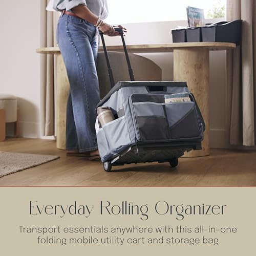 Folding Mobile Utility Cart, Canvas Organizer Bag, Black/Grey | Durable plastic, 30 compartments, adjustable handle, 40 lb capacity, collapses to 3" thick, rolling wheels for easy transport - color: Black/Grey