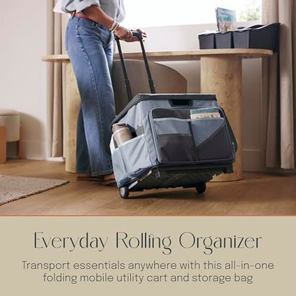 Folding Mobile Utility Cart, Canvas Organizer Bag, Black/Grey | Durable plastic, 30 compartments, adjustable handle, 40 lb capacity, collapses to 3" thick, rolling wheels for easy transport - color: Black/Grey