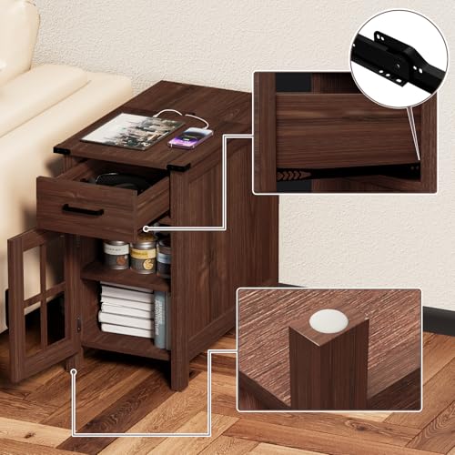 Farmhouse End Table with Charging Station, Narrow Side Table for Living Room, Sofa Side Table with Drawer and Storage Cabinet, Small Nightstand for Bedroom, Home Office - color: Cherry