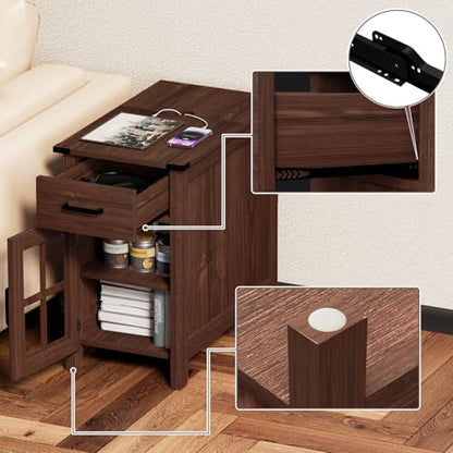 Farmhouse End Table with Charging Station, Narrow Side Table for Living Room, Sofa Side Table with Drawer and Storage Cabinet, Small Nightstand for Bedroom, Home Office - color: Cherry