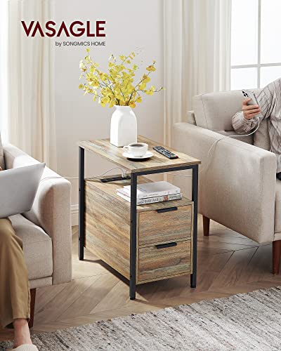 VASAGLE Side End Table with Charging Station, Slim Nightstand with 2 Drawers, Narrow Bedside Table for Living Room, Small Spaces, Turquoise Brown and Ink Black ULET321B60 - color: Turquoise Brown + Ink Black, size: 23.6"D x 13.8"W