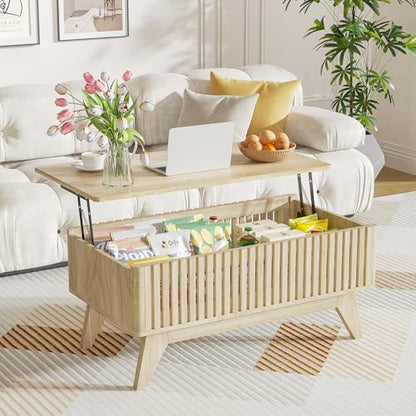Lift Top Coffee Table with Hidden Compartment, Mid Century Modern Coffee Table for Living Room, Fluted Design Farmhouse Center Table with Storage (Wood, 35.4" W) - color: Wood