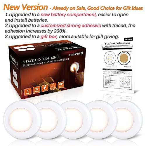 STAR-SPANGLED Push Tap Light, 2.8” Mini Night Touch LED Puck Lamp, Portable Under Cabinet Lighting AAA Battery Operated Powered, DIY Stick On Lights for Closet, Counter, Kitchen, Warm White, 5 Pack - color: Warm White