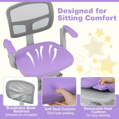 HONEY JOY Kids Desk Chair, Children Study Chair with Adjustable Height/Armrest/Footrest, Swivel Rolling Mesh Task Student Chair, Kids Computer Chair for Teens Girls Boys, Home, School, Office (Purple) - color: Purple