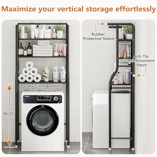 UDEAR 3-Tier Over The Toilet Rack,Bathroom Shelf Space Saver,Corner Stand Storage Organizer Accessories,the Washing Machine,with Hanging Rod,Tower Shelf,Black