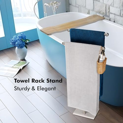 WAYDELI Standing Towel Rack Double-T Shape Tall Bath Towel Sheet Holder with Marble Design Base for Bathroom 2 Tier Towel Holder Stand Stainless Steel (Brushed Nickel) - color: Brushed Nickel