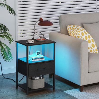 TUTOTAK LED Nightstand Set of 2, Night Stand with Charging Station, End Table, Bedside Table with Fabric Drawer, Side Table for Livingroom and Bedroom, Black TB01BK0692L - color: Black, style: Plug&LED