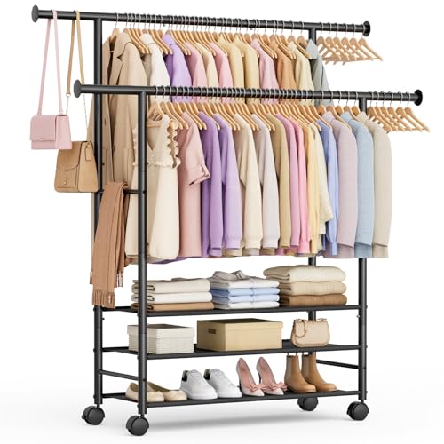 SLEEPING LAMB 44" Double Rods Clothes Rack for Hanging Clothes, Sturdy Wardrobe Clothing Rack with 3 Tier Shelves, Portable Rolling Garment Rack With Wheels for Bedroom, Laundry Living Room, Black