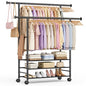 SLEEPING LAMB 44" Double Rods Clothes Rack for Hanging Clothes, Sturdy Wardrobe Clothing Rack with 3 Tier Shelves, Portable Rolling Garment Rack With Wheels for Bedroom, Laundry Living Room, Black
