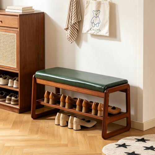 SOBIBO Solid Wood Shoe Bench, 2-Tier Wooden Entryway Bench, Modern Shoe Rack with Faux Leather Cushion for Hallway, Living Room (Green, 31.5'') - color: Green, size: 31.5 inches