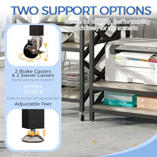 METYERRY 23.6"x23.6" Large Printer Stand with Power Outlet, 3 Tier Cart | Adjustable Shelf, Fits 3D Printers, Laser Printers and Heat Press, 200 lbs Heavy Duty, Industrial Wheels, Home Office - color: Greige