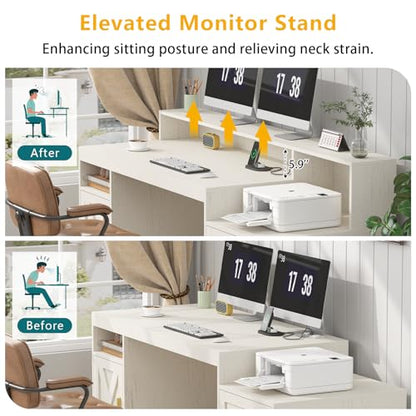 TVU Farmhouse Computer Desk with Drawers, 65'' Home Office Desk with Power Outlets, Storage Cabinet and Printer Stand, Study Writing Desks with Long Monitor Stand, White - color: White