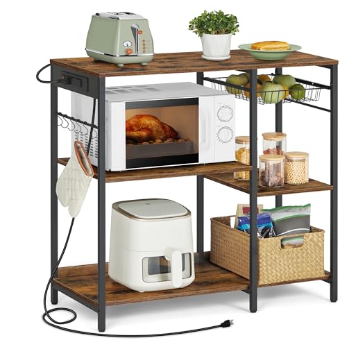 VASAGLE Baker's Rack, Coffee Bar Stand with Charging Station, 35.6 Inches Tall, Storage Shelves, Pull-Out Wire Basket, Table for Microwave, Kitchen, Rustic Brown and Ink Black UKKS036K01 - color: Rustic Brown + Ink Black, style: With Power Outlet