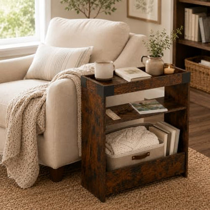 Farmhouse Narrow Side Table with Tray Top & Magazine Rack, Sofa Couch Side Table with Storage Shelf, Slim End Table for Small Spaces, Modern Nightstand for Bedroom, Living Room (Rustic Brown) - color: Rustic Brown