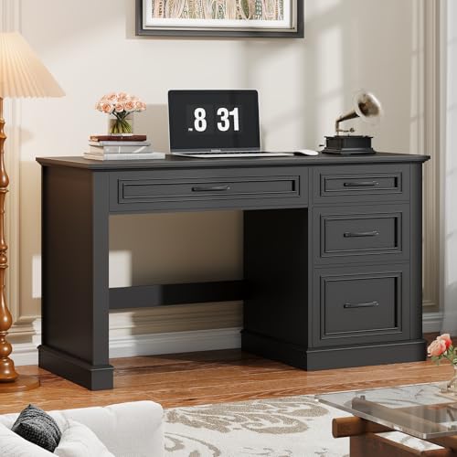 Halitaa Farmhouse 47" Executive Desk, Computer Desk with Drawers and File Drawer, Workstation Computer Desk with Charging Station for Home Office, Study.（Pure Black） - color: Pure Black, size: With Charging Station