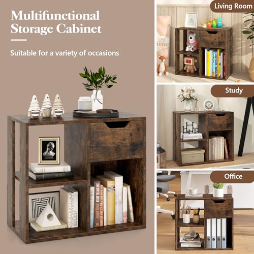 Giantex 3 Cube Bookcase with Drawer Set of 2, Bookshelf for Small Space, Modern Freestanding Display Rack with Open Shelves, Book Case, Wood Cube Storage Organizer Bedroom Living Room, Rustic Brown - color: Rustic Brown