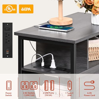 Livofloral Side Table, End Tables with Charging Station, Narrow End Table with Wooden Drawers, USB Ports and Power Outlets, Nightstand and Bedside Table, End Table Living Room, Bedroom, Dark Grey - color: Dark Gray
