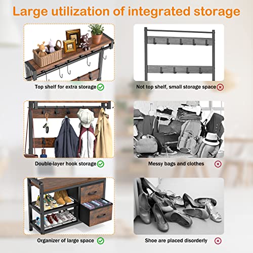 Lulive Hall Tree with Bench and Shoe Storage, 31.5” Coat Rack Freestanding | Rustic Brown, 5 in 1 Intelligent Design, 17 Hooks, 2 Drawers, Handy Clothes Rail - color: Rustic Brown, size: 11.8"D x 31.5"W x 70.9"H