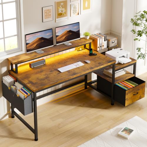 EnHomee 56.5" Office Desk with Drawers & Printer Space for Home Work,Brown | Computer Desk with 3 AC Outlets& 2 USB Ports,40"*7" Long Monitor Stand,Side Pockets with Storage Space,Home Office,Bedroom - color: Rustic Brown, size: 56.5 IN