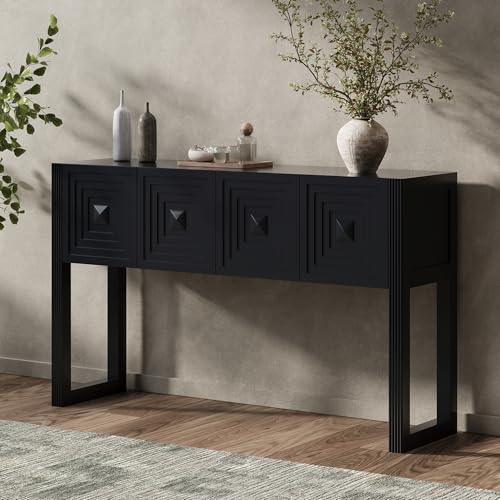 LKTART 55" Carved Console Table with 3 Soft-Close Drawers, Entryway Sofa Table with Fluted Leg,Solid Wood Accent Table for Living Room Hallway,Black - color: Black