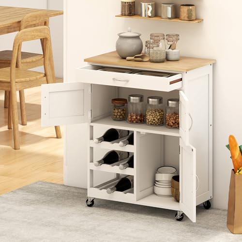 HOMCOM Bar Cart on Wheels with 9-Bottle Wine Rack, Wooden Countertop, White | Rolling Kitchen Island, Small Kitchen Cart, Wide Drawer, Island Table