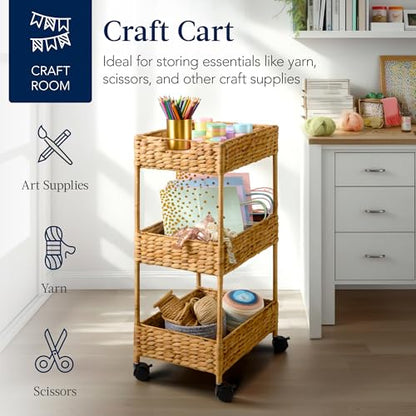 Best Choice Products 3-Tier Water Hyacinth Rolling Nursery Caddy w/Wheels, Utility Cart, Storage Organization for Bathroom, Craft Room, Laundry Room - Natural - color: Natural