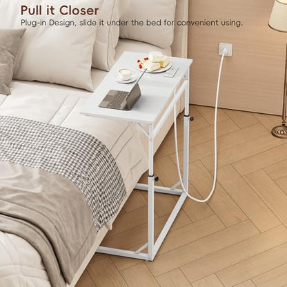 Vagusicc C Shaped End Table with Charging Station, C-Table End Table Adjustable Height Side Table for Couch, Large Couch Table, Slide Under Sofa Table TV Tray Arm Table for Living Room, Bedroom, White - color: White, style: With Plug