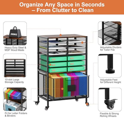 EasyPAG Rolling Cart with Storage Drawer, Under Desk Filling Cabinet with Mail Sorter, Pull Out Hanging File Rack for Letter Size Folders, Mobile Utility Craft Cart for Home Office, Black - size: Flexible Slots+1 Drawer