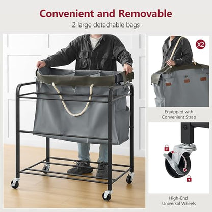 350L Extra Large Laundry Cart 6 Section, Grey | Large Capacity, Heavy Duty Lockable Wheels, Sturdy Metal Frame, Leather Patchwork, Removable Bags - color: Grey, size: 6 Bag 350L