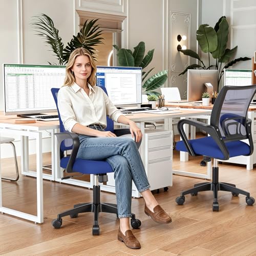 BestOffice Ergonomic Office Chair | Mid-Back Swivel Desk Chair | Blue | with Lumbar Support, Adjustable Height & Breathable Backrest | Sponge Seat & Rolling Wheels | for Home, Office | Pack of 1 - color: Blue, style: pack of 1