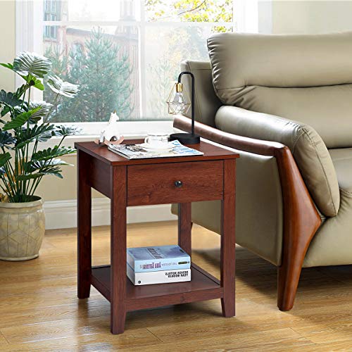 Giantex Nightstand Set of 2, Wooden 2-Tier End Table with Drawer and Storage Shelf, Versatile Bedside Tables, Modern Side Table for Bedroom, Living Room, Small Spaces, Easy Assembly, Walnut