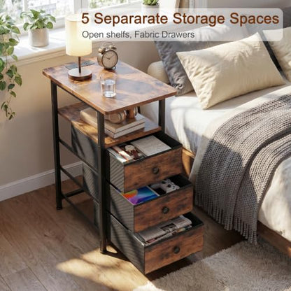 AMHANCIBLE End Tables Living Room with Charging Station, Narrow Side Table with USB Ports and Outlets, Slim Nightstand with 3 Fabric Drawers for Bedroom, Small Space, Rustic Brown, HETN013BR-1 - color: Brown, style: Power