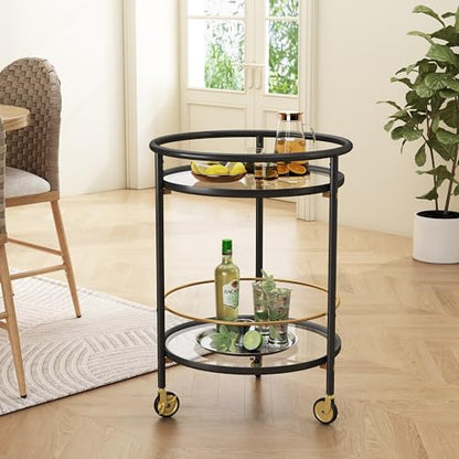GDFStudio Modern Round Bar Cart with Dual Tempered Glass Shelves, Lockable Wheels and Gold Metal Accents, Rolling Beverage Serving Cart for Living Room, Kitchen or Dining Space,Black and Gold Finish - color: Black,gold