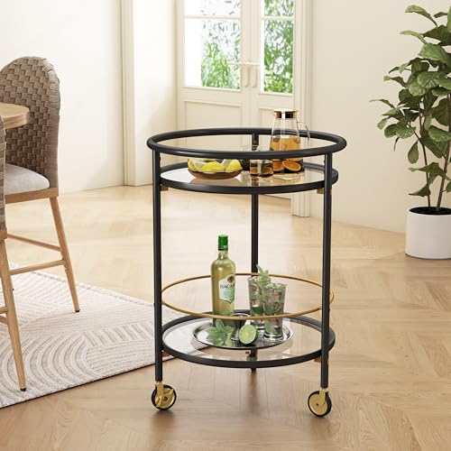 GDFStudio Modern Round Bar Cart with Dual Tempered Glass Shelves, Lockable Wheels and Gold Metal Accents, Rolling Beverage Serving Cart for Living Room, Kitchen or Dining Space,Black and Gold Finish - color: Black,gold