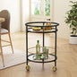 GDFStudio Modern Round Bar Cart with Dual Tempered Glass Shelves, Lockable Wheels and Gold Metal Accents, Rolling Beverage Serving Cart for Living Room, Kitchen or Dining Space,Black and Gold Finish - color: Black,gold
