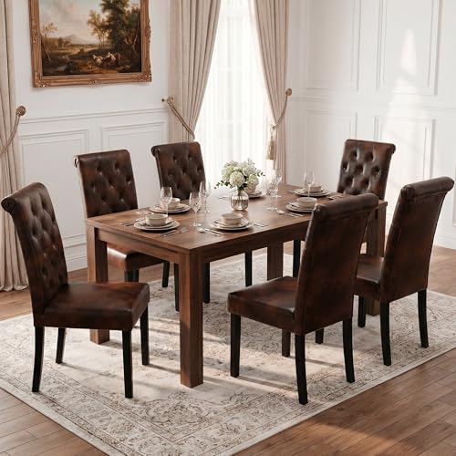 LSSBOUGHT Upholstered Dining Chairs Set of 6,Tufted Parsons Kitchen Chair with Solid Wood Legs, Modern PU Leather Side Chair for Dining Room/Restaurant(6pcs,Brown) - color: Brown-pu, size: Set of 6