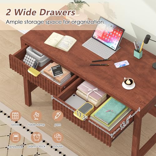 YOMILUVE Fluted Computer Desk with 2 Drawers, 39 Inch Small Computer Desk with Storage, Compact Writing Study Desk for Small Spaces, Red Walnut - color: Red Walnut